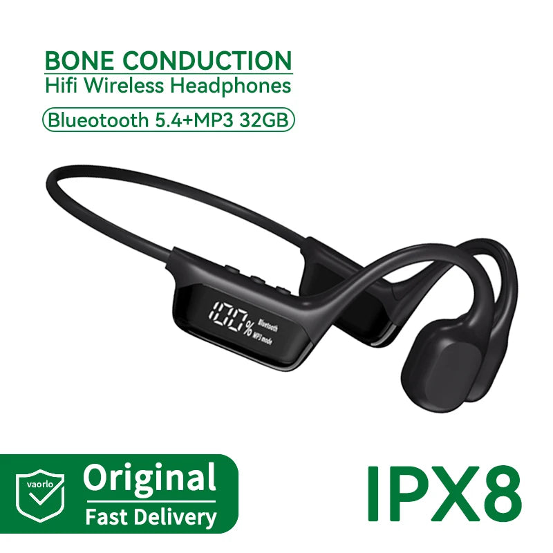 New Bluetooth 5.4 True Bone Conduction Wireless Headphone IPX8 Waterproof 32GB MP3 Player Swimming Sports LED Display HIFI Music