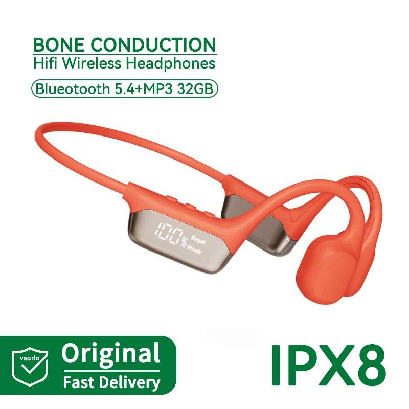 New Bluetooth 5.4 True Bone Conduction Wireless Headphone IPX8 Waterproof 32GB MP3 Player Swimming Sports LED Display HIFI Music